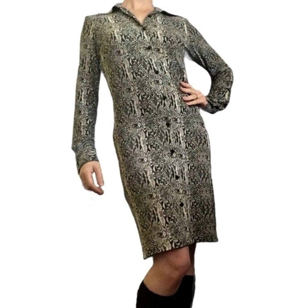Norma Kamali Snake Print Buttoned Sheath Shift Shirt Career Dress Womens Sz L